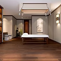 Tranquil SPA Sauna Room With Massage Table Wooden Floors Bookshelves And Green Plants