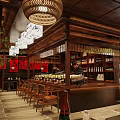 Authentic Japanese Restaurant Interior With Bar Counter Pendant Lights And Wall Decorations