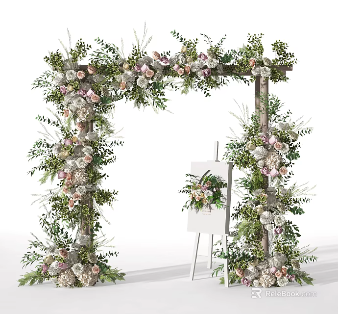 Elegant Floral Display with Decorative Arch Greenery and Easel Floral Arrangement 3d model 