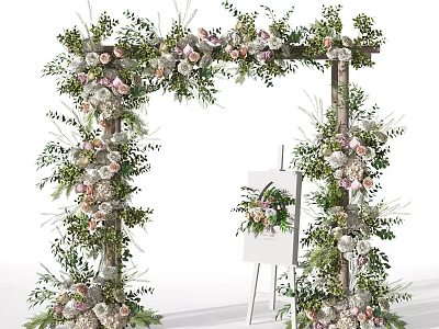 Elegant Floral Display with Decorative Arch Greenery and Easel Floral Arrangement 3d model