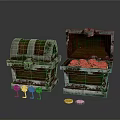 Ancient Treasure Chests With Open And Closed Lids Filled With Gold Coins And Small Statues