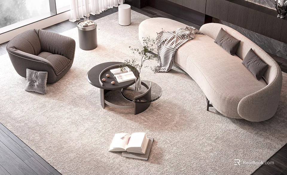 Modern Living Room Sofa And Coffee Table With Light Beige Upholstery Dark Round Design 3d model 