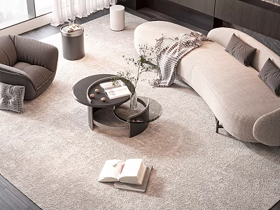 Modern Living Room Sofa And Coffee Table With Light Beige Upholstery Dark Round Design 3d model