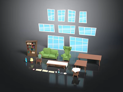 Living Room Interior With Green Sofa Armchair Bookshelf And Wooden Tables 3d model