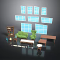 Living Room Interior With Green Sofa Armchair Bookshelf And Wooden Tables