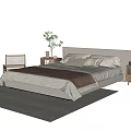 Modern Double Bed With Beige Sheets Brown Blanket Pillows Bedside Tables Light Rug And Chair