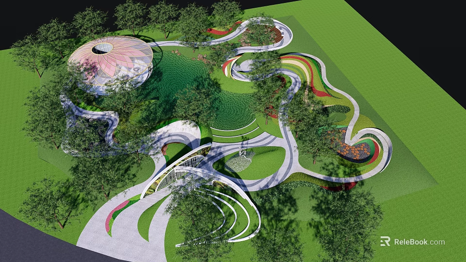 Park Landscape Design With Winding Pathways Green Lawns Circular Structure And Trees 3d model