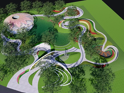 Park Landscape Design With Winding Pathways Green Lawns Circular Structure And Trees 3d model