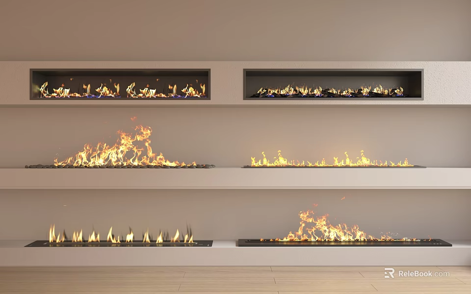 Modern Built In Fireplaces With Burning Flames In White Wall Interior Design 3d model 