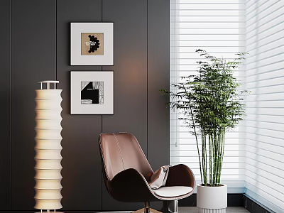 Brown Leisure Chair In Modern Interior With Dark Wall Paintings Green Plant And White Blinds 3d model