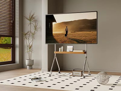 TV Displaying Sunset Scene on Stand with Plant Window Blinds and Patterned Floor Rug 3d model