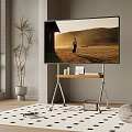 TV Displaying Sunset Scene on Stand with Plant Window Blinds and Patterned Floor Rug 3d model
