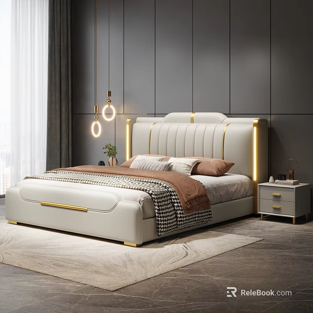 Modern Bedroom Interior With White Bed Golden Lines Nightstand And Pendant Lights 3d model 