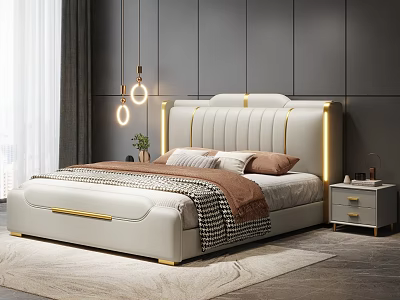 Modern Bedroom Interior With White Bed Golden Lines Nightstand And Pendant Lights 3d model