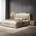 Modern Bedroom Interior With White Bed Golden Lines Nightstand And Pendant Lights
