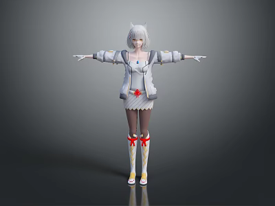 Cute Child Cartoon Character With Silver Hair White Outfit Red Bows And Open Arms 3d model