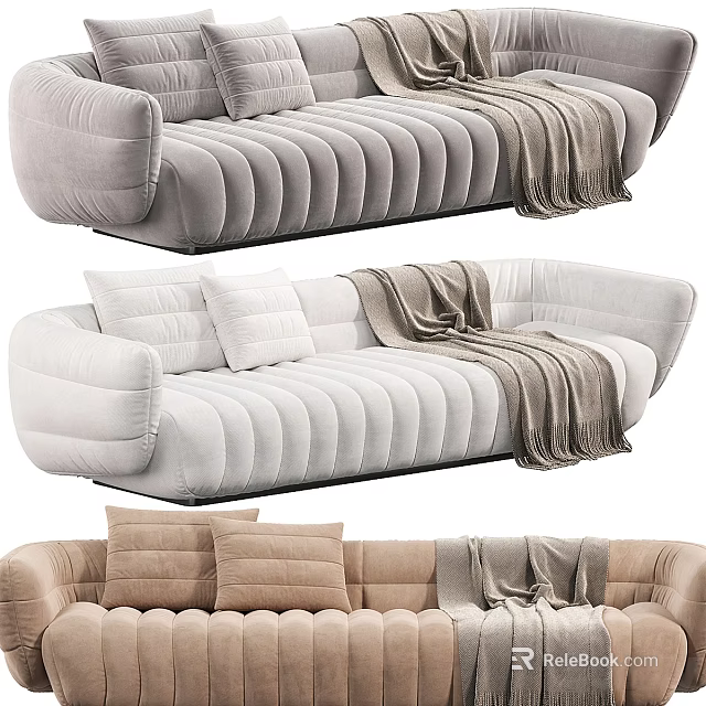 Comfortable Sectional Sofa With Ribbed Design Pillows And Soft Blanket In Neutral Tones 3d model 