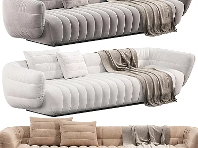 Comfortable Sectional Sofa With Ribbed Design Pillows And Soft Blanket In Neutral Tones 3d model