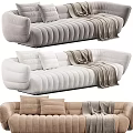 Comfortable Sectional Sofa With Ribbed Design Pillows And Soft Blanket In Neutral Tones 3d model