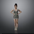Woman In Sleeveless Gray Dress With White Trim Bun Hairstyle Hands On Hips High Heels