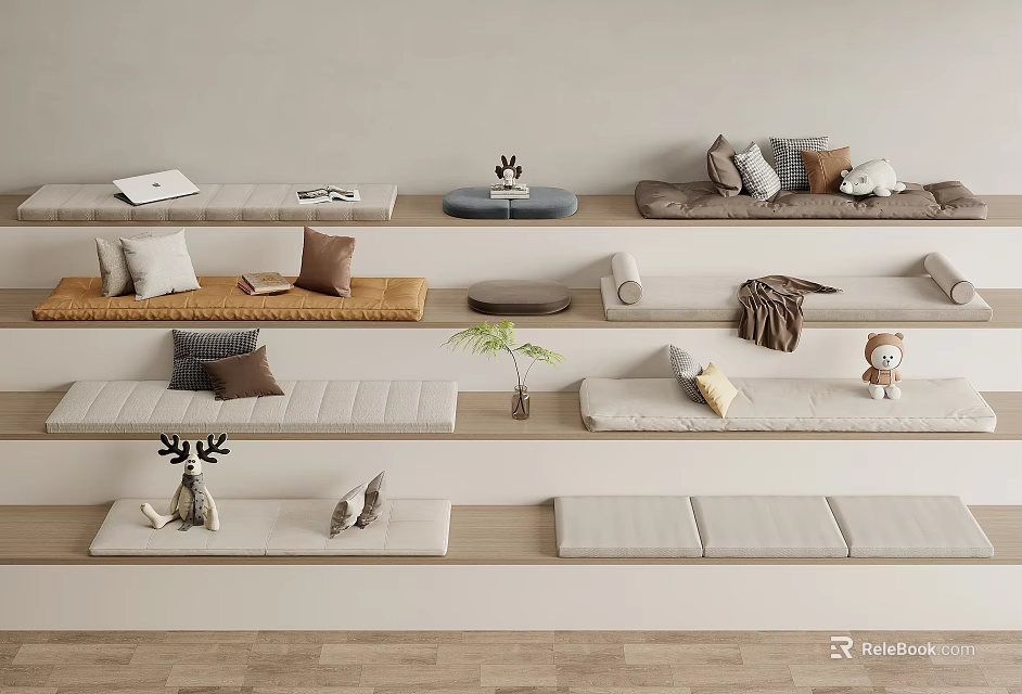 Cozy Indoor Shelf Display With Cushions And Decorations 3d model 