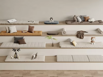 Cozy Indoor Shelf Display With Cushions And Decorations 3d model