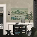 Elegant Modern Lounge Room Interior With Green Landscape Painting Wall Lamps And Potted Plant