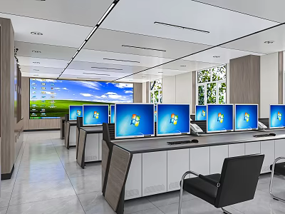 Modern Public Office Space Interior With Multiple Computer Monitors Large Display And Workstations 3d model