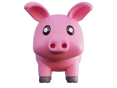 Cute Pink Pig Toy With Big Ears Black Eyes Black Nose And Black Feet 3d model