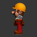 Cartoon Character as Construction Worker with Yellow Hard Hat Red Overalls Open Arms Pose