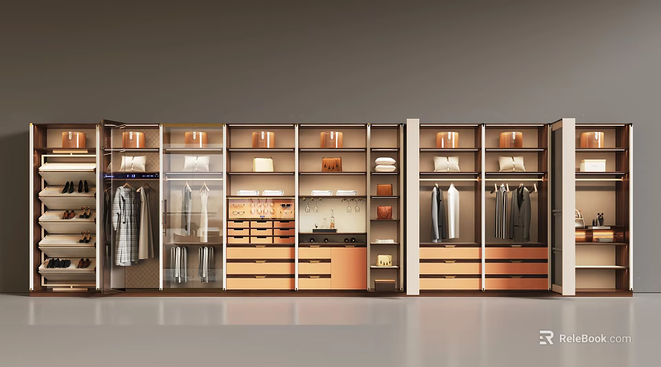 Modern Wardrobe With Glass Doors Multiple Storage Spaces Hanging Sections And Drawers 3d model 
