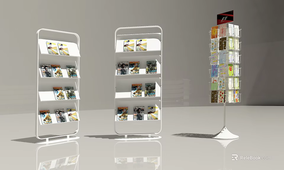 White Multi Tiered Display Shelves For Magazine Exhibition With Top Signboard 3d model 