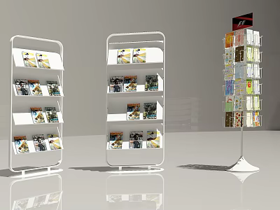 White Multi Tiered Display Shelves For Magazine Exhibition With Top Signboard 3d model