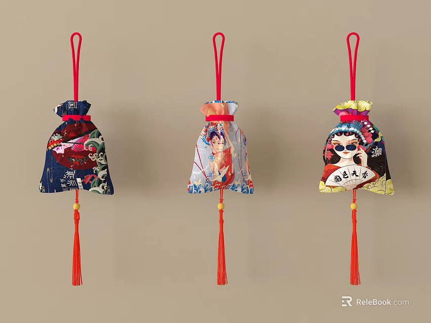 Colorful Hanging Ornaments With Red Tassels And Various Cartoon Patterns 3d model