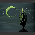 Cartoon Night Scene with Green Crescent Moon Stars and Green Spire Castle on Black Base