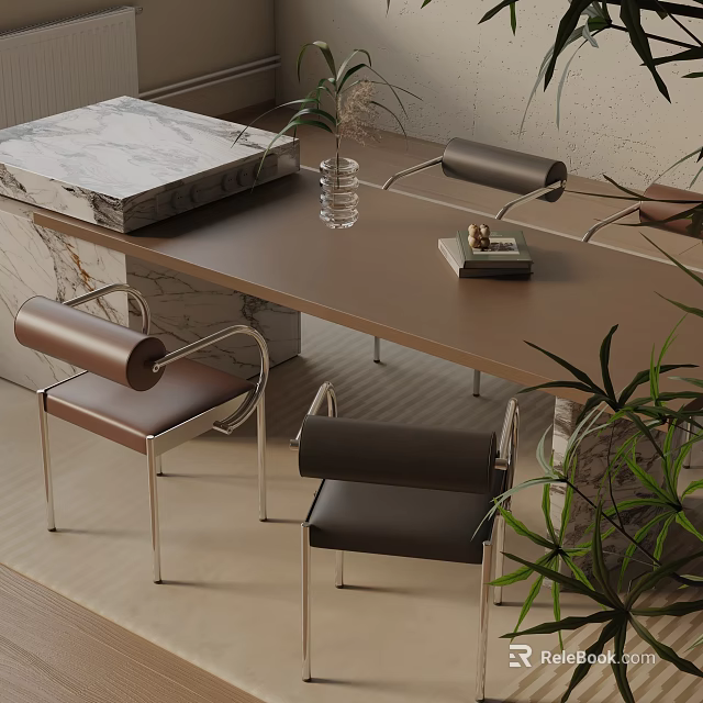 Modern Dining Table Set With Leather Chairs Metal Frame Marble Accents And Green Plants 3d model 