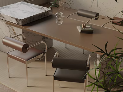 Modern Dining Table Set With Leather Chairs Metal Frame Marble Accents And Green Plants 3d model