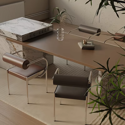 Modern Dining Table Set With Leather Chairs Metal Frame Marble Accents And Green Plants 3d model