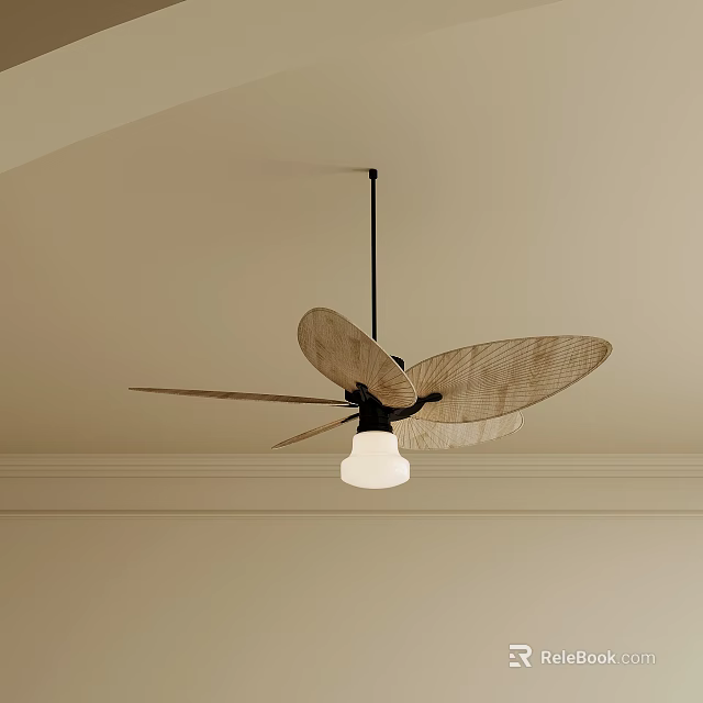 Modern Ceiling Fan With Natural Blades And Light Fixture On Beige Ceiling 3d model 