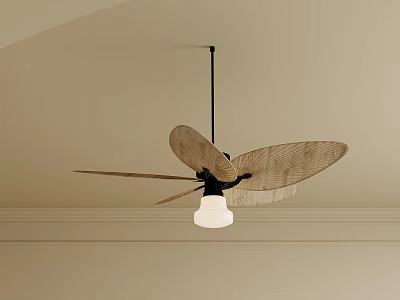 Modern Ceiling Fan With Natural Blades And Light Fixture On Beige Ceiling 3d model