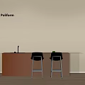 Modern Kitchen Interior With Orange Island Counter And Two Black Stools 3d model