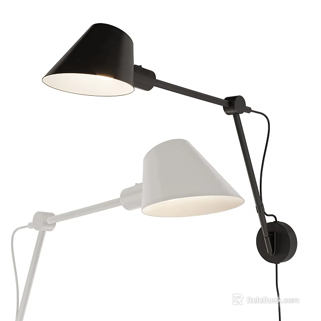 Modern Black and White Wall Lamps with Adjustable Arms and Conical Shades in Contemporary Design 3d model 