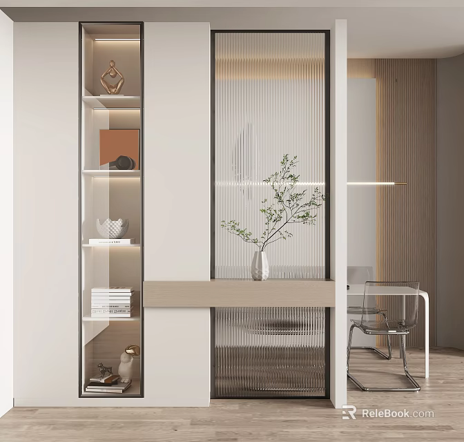 Modern Entryway Hallway Interior With Ribbed Glass Partition Display Shelves And Potted Plant 3d model 