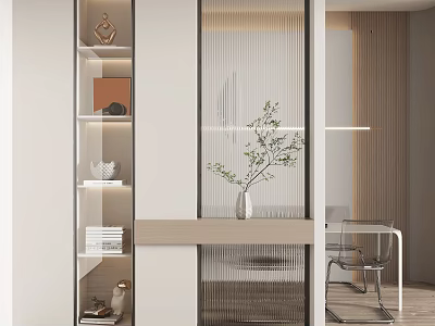 Modern Entryway Hallway Interior With Ribbed Glass Partition Display Shelves And Potted Plant 3d model