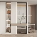 Modern Entryway Hallway Interior With Ribbed Glass Partition Display Shelves And Potted Plant