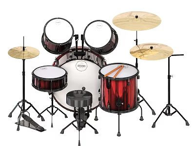 Complete Acoustic Drum Set with Red White Drums Cymbals and Drumsticks for Music Performance 3d model