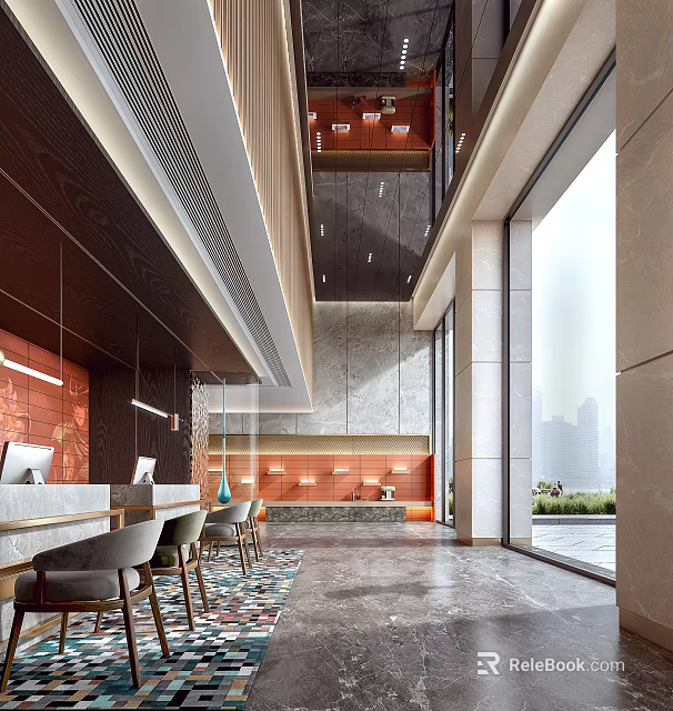 Modern Hotel Lobby Featuring Reception Desk Comfortable Chairs Large Windows City View And Warm Lighting 3d model 