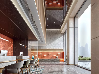 Modern Hotel Lobby Featuring Reception Desk Comfortable Chairs Large Windows City View And Warm Lighting 3d model