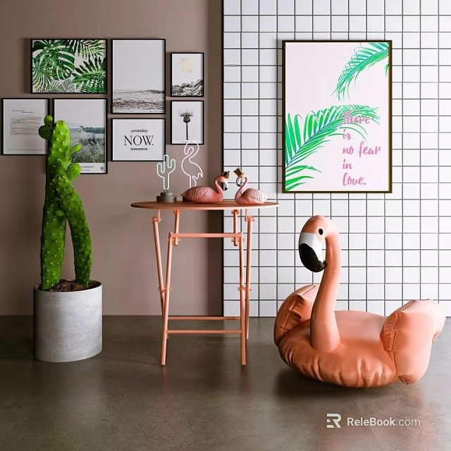 Decorative Ornament Set with Flamingo Figurines Small Table Green Plant Wall Art and Grid Wall 3d model 