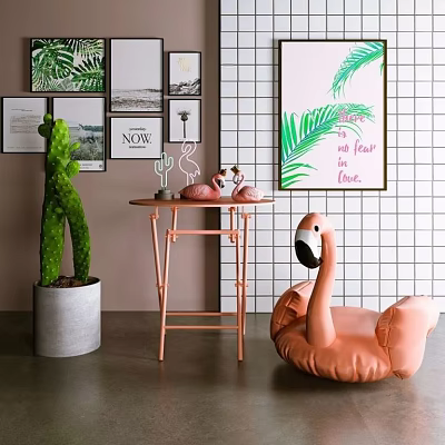 Decorative Ornament Set with Flamingo Figurines Small Table Green Plant Wall Art and Grid Wall 3d model
